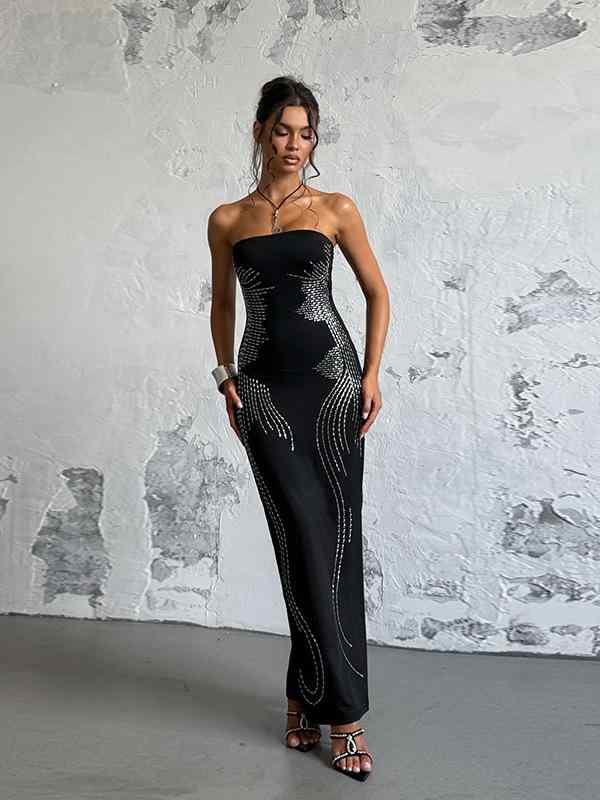 オフショルダービスチェワンピース レディース ラインストーン スタイルアップ ロング丈 高級感 伸縮性 普段使い お出かけ パーティー 華やか