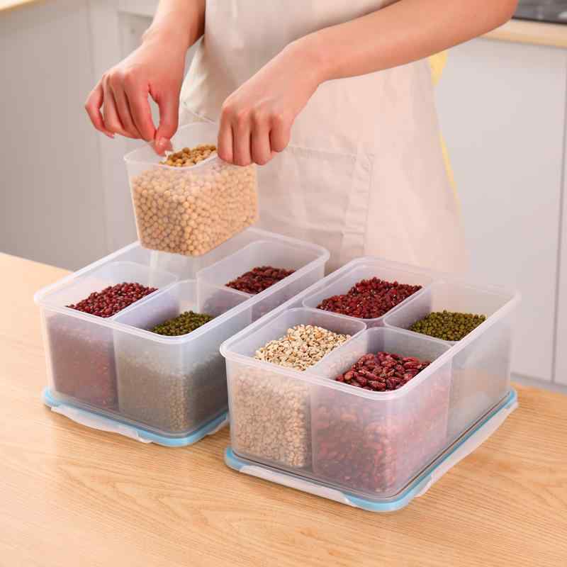 Rice Bins - 保存容器 ストッカー 8L 大容量 密封 仕切り付き 蓋付き 持ち手付き 透明 雑穀 穀物 乾物 キッチン収納 プラスチック製 収納ケース 整理整頓 湿気防止 シンプル