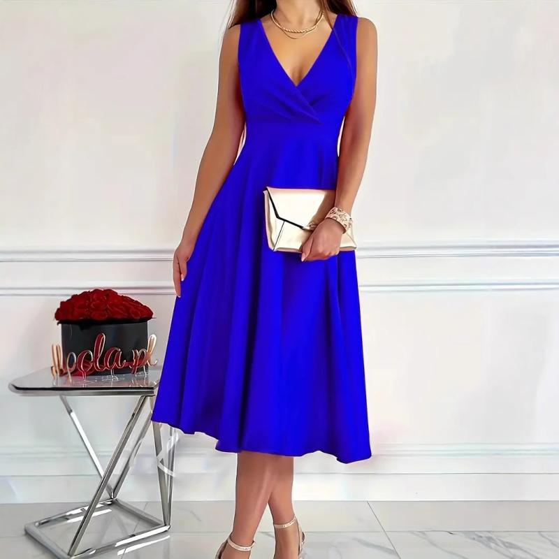 ワンピース レディース ノースリーブ Vネック カジュアル 普段使い パーティードレス ゲストドレス お呼ばれ 結婚式 二次会 高級感