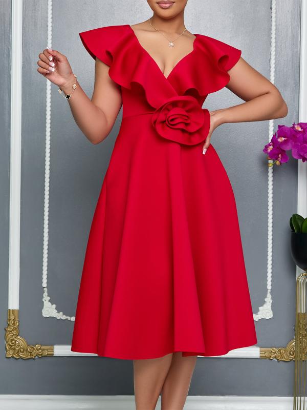 ワンピース レディース Vネック フリル 立体フラワー フレア イブニングドレス パーティードレス 結婚式 高級感