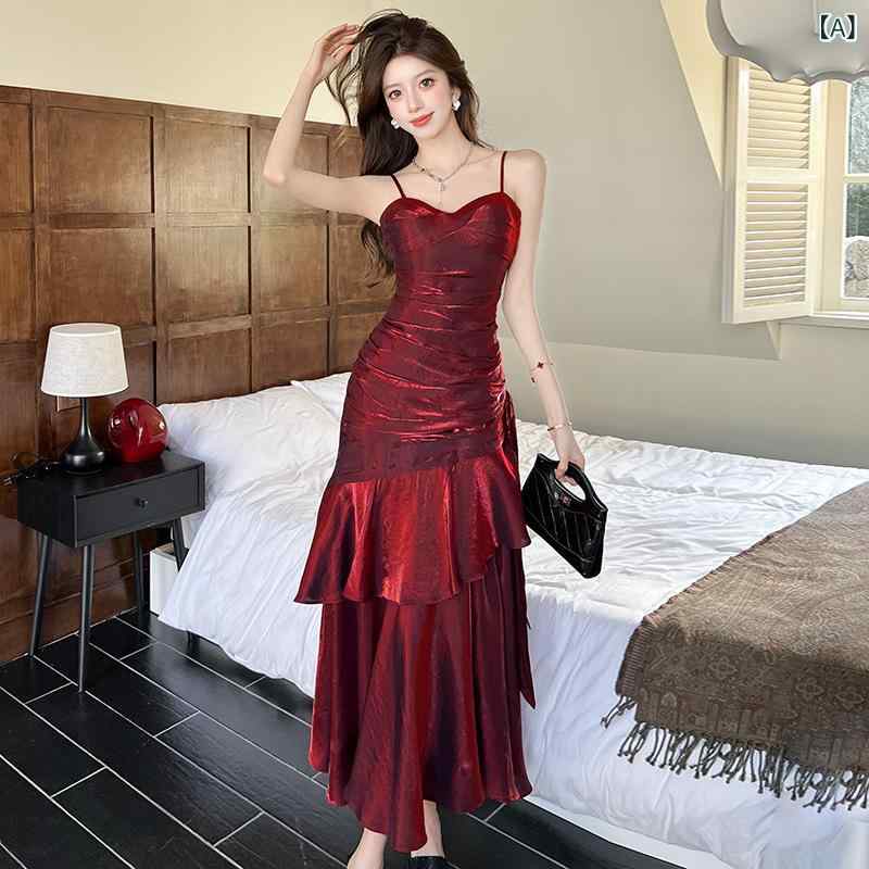 ワンピース レディース フレンチ フリル キャミソール レッド 春夏 高級感 大人 イブニングドレス パーティードレス 成人式 誕生日 ロング丈