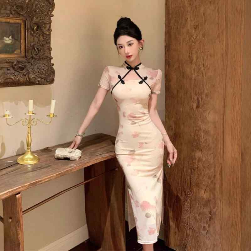 パーティードレス レディース ドレスワンピース フレンチスタイル プリント柄 ウエストマーク メッシュチュール タイト スリット ロング丈 高級感 伸縮性 ハイウエスト