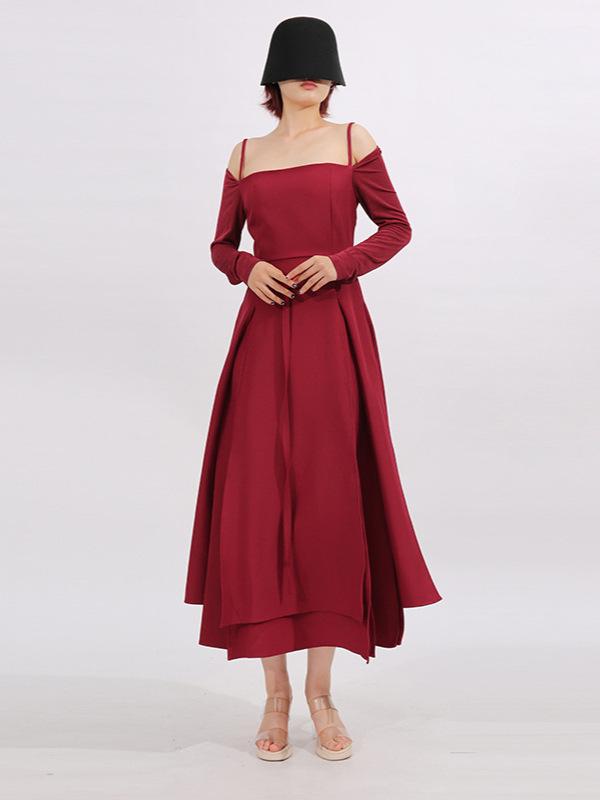 ワンピース パーティードレス レディース 秋冬 高級感 オフショルダー スリット 着痩せ ロング丈 伸縮性