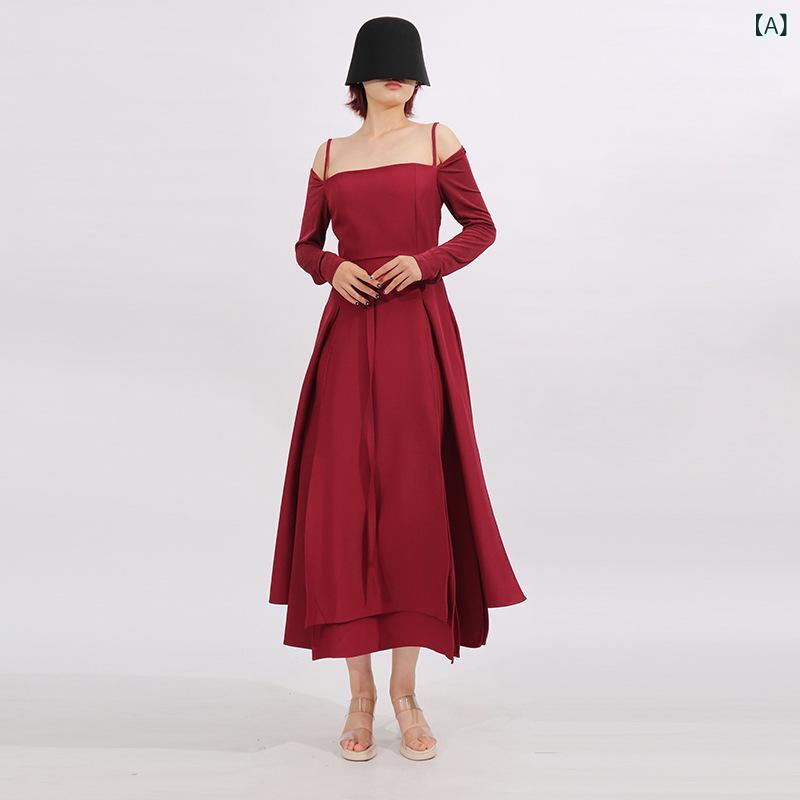 ワンピース パーティードレス レディース 秋冬 高級感 オフショルダー スリット 着痩せ ロング丈 伸縮性