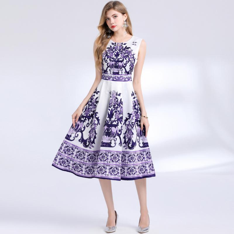 ワンピース レディース 春夏 パーティードレス エレガント 高級感 プリント ウエストマーク 細見え ボリュームフレア ロング丈 ハイウエスト