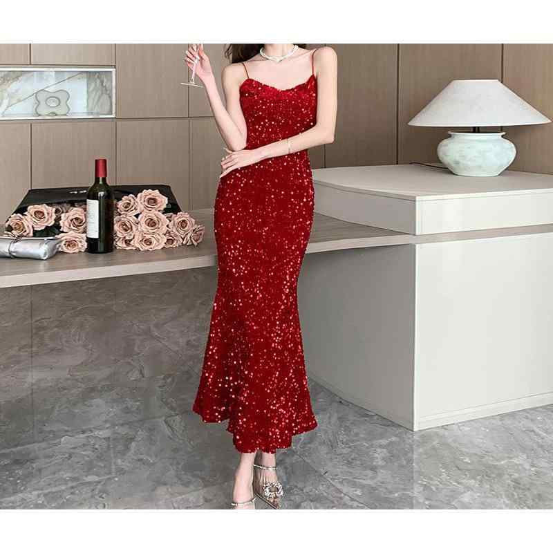 ドレス レディース Aライン キャミソールワンピース ロング丈 フォーマル パーティ お呼ばれ 誕生日 セクシー エレガント 高級感 レッド ブラック