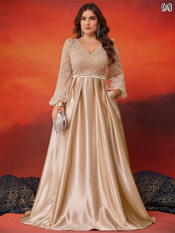 ワンピース レディース 大きいサイズ スパンコール 切り替え サテン 長袖 Vネック Aライン 高級感 パーティードレス イブニングドレス