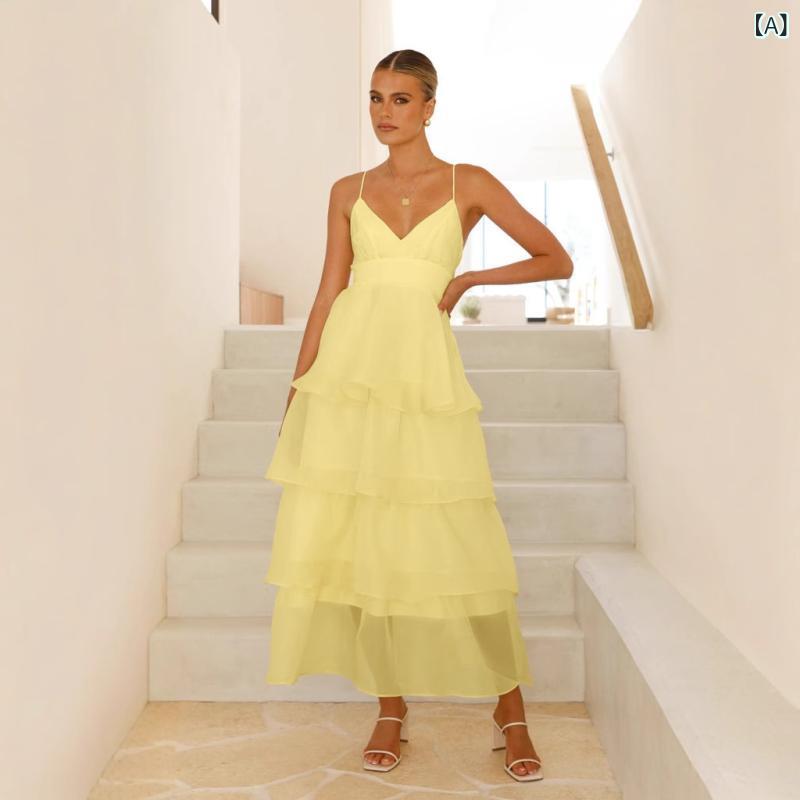 ドレス レディース パーティードレス フォーマル イブニングドレス お呼ばれドレス キャミソール バックオープン ティアードフリル リボン スリムフィット スタイルアップ エレガンス 高級感 伸縮性