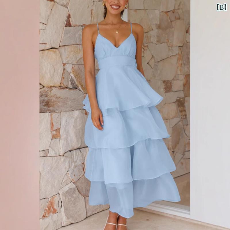 ドレス レディース パーティードレス フォーマル イブニングドレス お呼ばれドレス キャミソール バックオープン ティアードフリル リボン スリムフィット スタイルアップ エレガンス 高級感 伸縮性