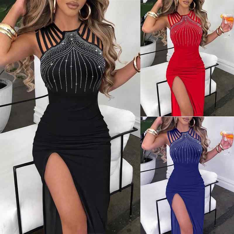 イブニングドレス レディース 伸縮性 スリムフィット ラインストーン ストラップ スリット ボディライン 上品 高級感 結婚式