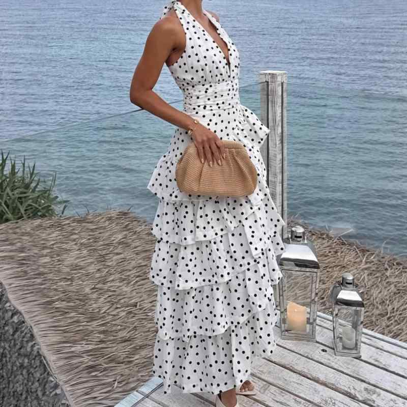 ワンピース レディース 女性用 春夏 ドレス ホルターネック オープンバック ドット柄 エレガント 上品 高級感 ファッション アイテム
