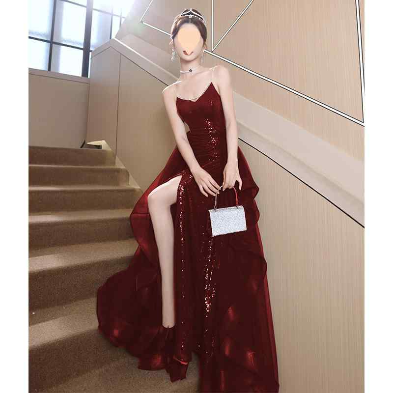 ドレス レディース キャミソール 花嫁 お色直し ロングドレス 結婚式 披露宴 婚約 二次会 ワインレッド 高級感 上品 個性的 エレガント フォーマル(4.0)