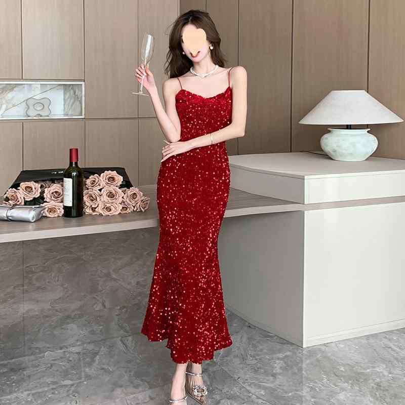 ワンピース レディース キャミソール ロング フォーマルドレス パーティードレス 結婚式 お呼ばれ フレンチスタイル エレガント 上品 高級感 セクシー レッド ブラック