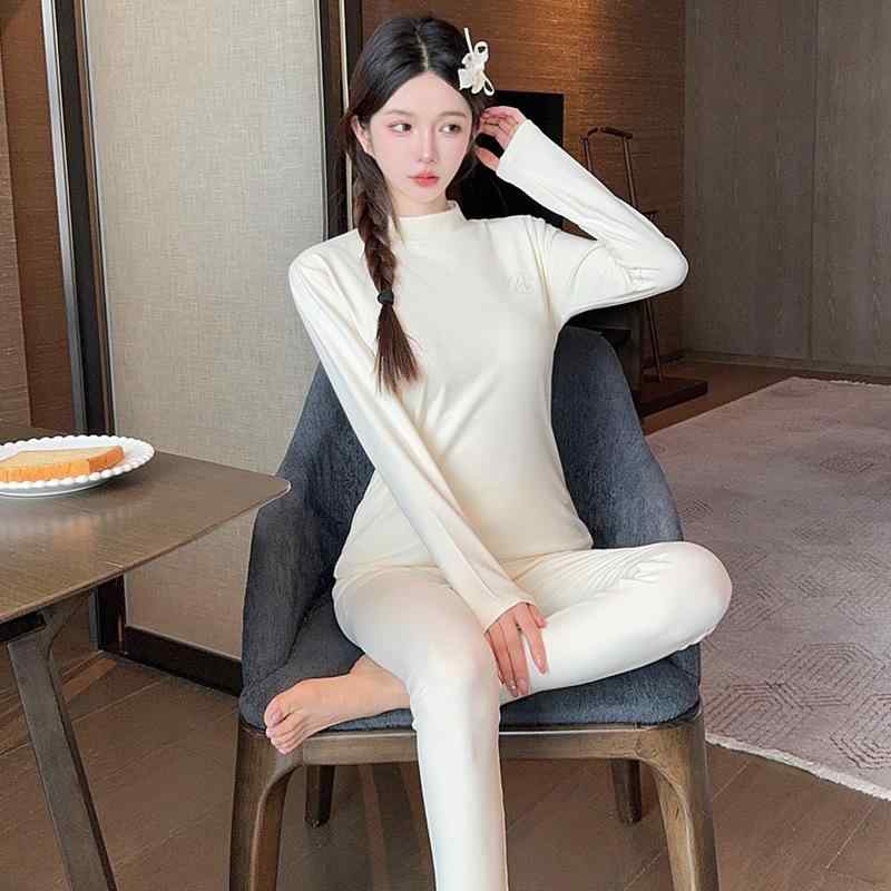 パジャマ レディース 部屋着 秋冬 ハイネック あったか 長袖 長ズボン 無地 再生繊維 伸縮性 軽量 吸湿速乾 セットアップ(4.0)