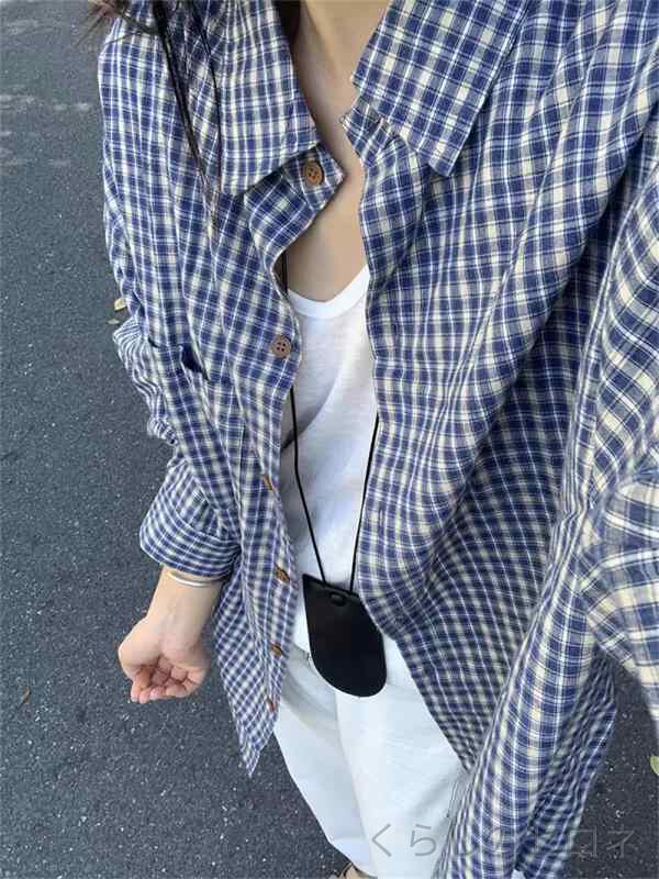 シャツ レディース 長袖 ブルー チェック柄 レトロ 秋冬 ゆったり カジュアル ラフ...
