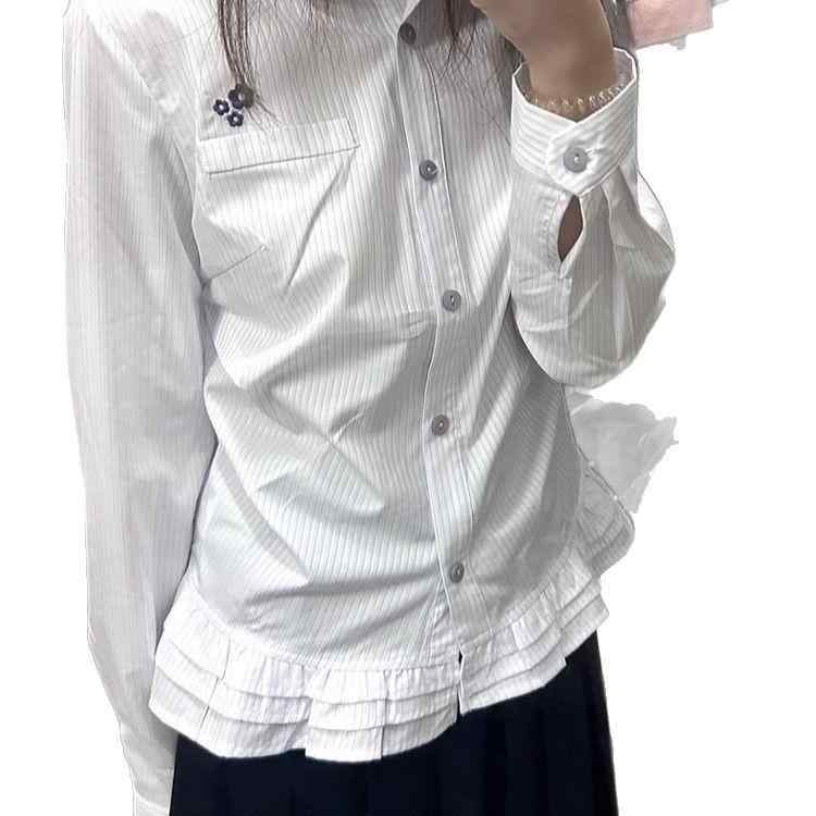 シャツ ブラウス レディース トップス スタイル かわいい 学院風スタイル ストライプ 長袖 裾フリル デザイン性 春秋 普段使い 伸縮性 吸湿速乾