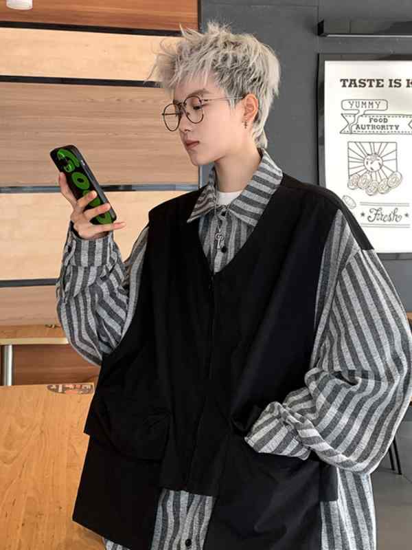 シャツ メンズ 秋冬 ストライプ柄 長袖 フェイクレイヤード ベスト ワークジャケット レトロ 普段使い 綿 ビッグシルエット