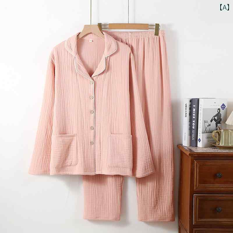 秋冬 厚手 綿ガーゼ 四層 パジャマ クレープ カーディガン 部屋着 無地 ピンク系 カップル用 吸湿速乾 軽量