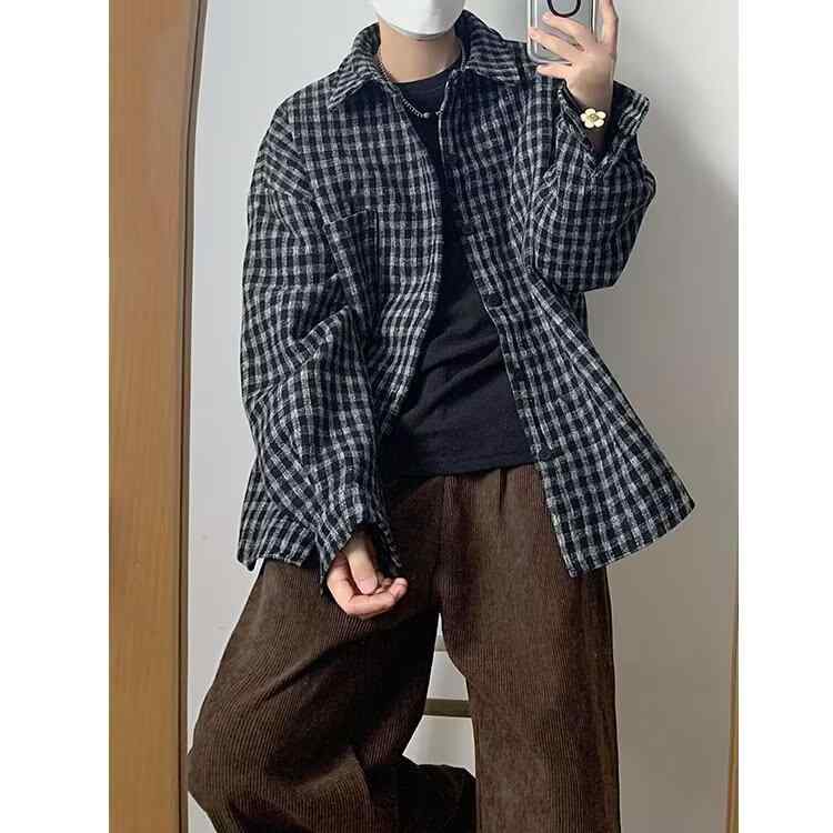 シャツ メンズ 秋冬 レトロ チェック柄 ピンク系 コントラストカラー 高級感 アメリカンスタイル クリ..