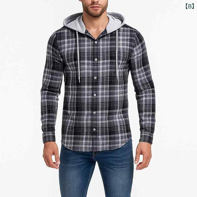 シャツ メンズ 秋冬 フード付き 長袖 ゆったり チェック柄 ピンク系 カジュアル トップス 普段使い