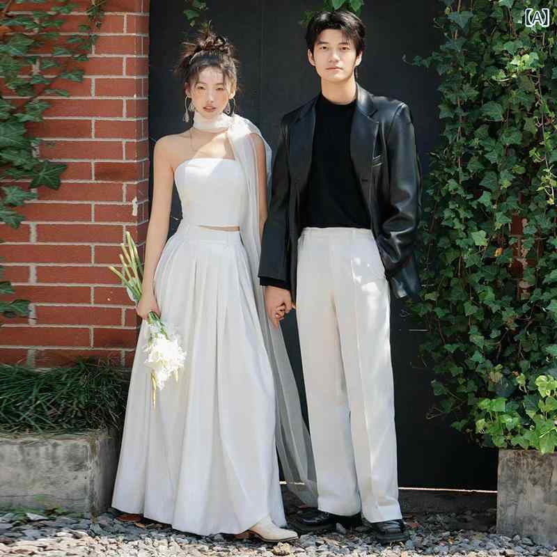 ウェディングドレス レディース ワンピース 二次会 パーティー 婚約 フォトウェディング 前撮り 発表会 演奏会 ベアトップ シンプル ホワイト サテン 高級感 フレンチスタイル Aライン ロング丈