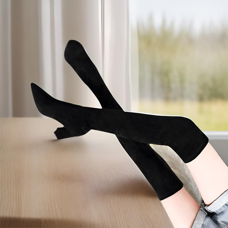 ロングブーツ レディース ピンク系 ハイヒール オーバーニー スエード チャンキーヒール ストレッチ フリースライニング ポインテッドトゥ 脚細見せ 軽量 伸縮性