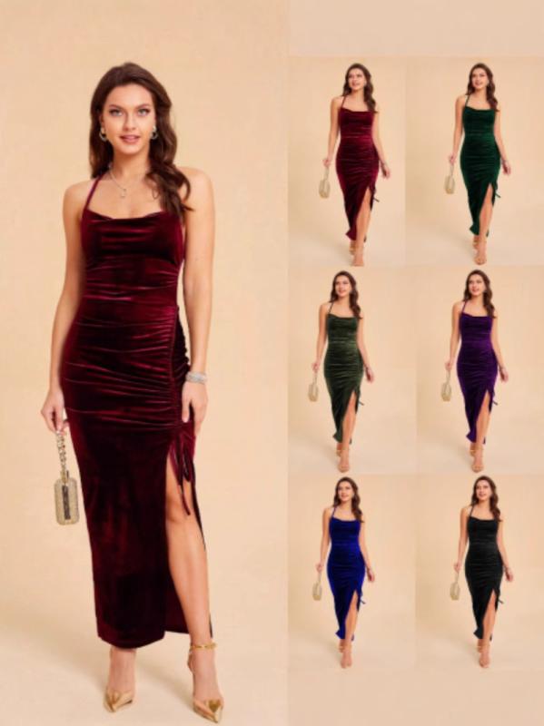 ドレス レディース 春夏 欧米風 イブニングドレス パーティードレス ベロア キャミソール スリット プリーツ 高級感