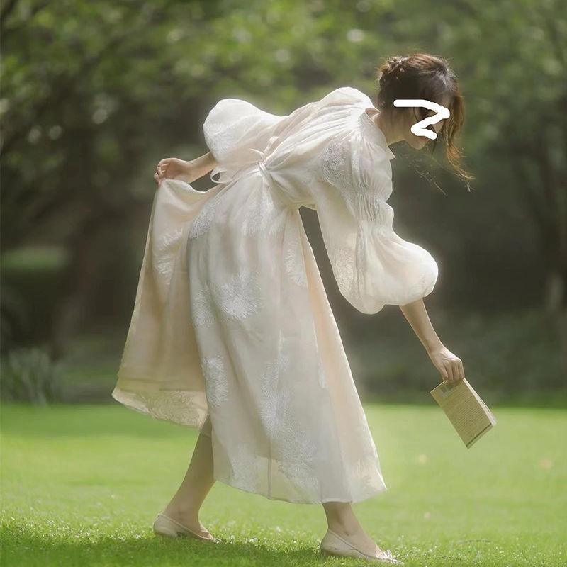 ワンピース レディース 宮廷風 プリンセス パフスリーブ 長袖 春夏 刺繍 フェアリー エレガント 高級感 デザイン性 パーティードレス