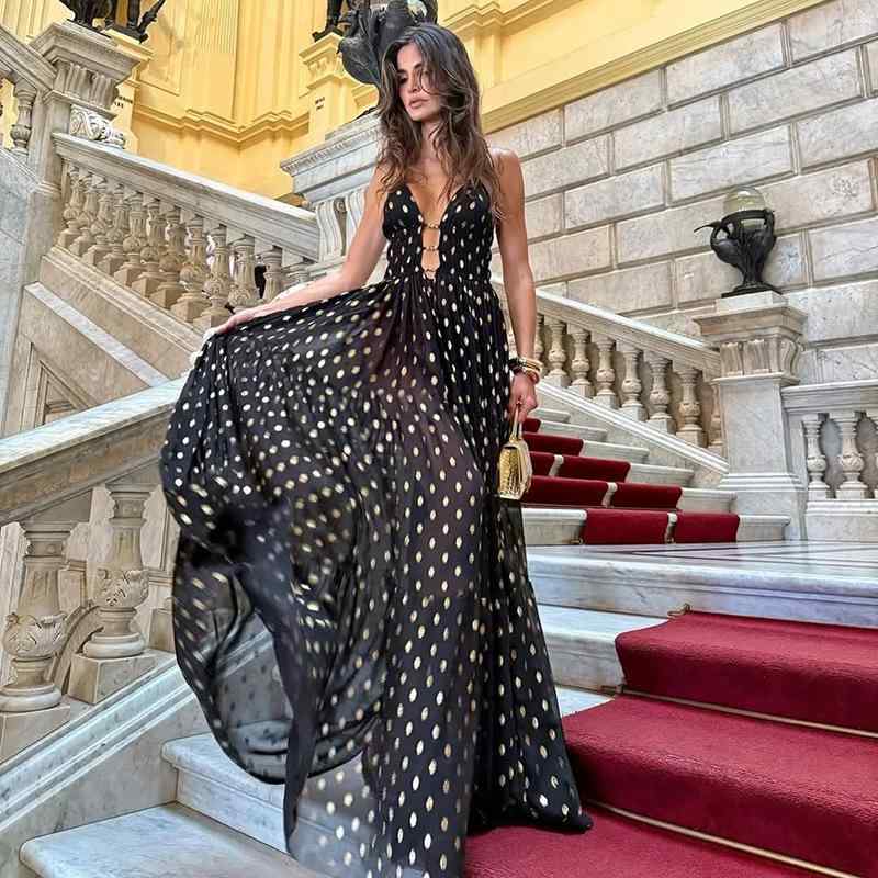 ワンピース レディース 欧米風 ドット柄 Vネック リゾート キャミソール カットアウト セクシー 高級感 イブニングドレス パーティ 春夏