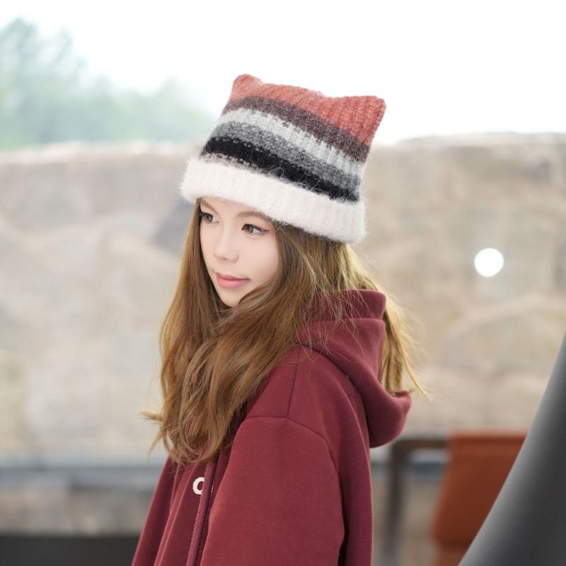 ニット帽 レディース 秋冬 耳当て 猫耳 配色 かわいい 毛糸帽 暖か ふわふわ 伸縮性