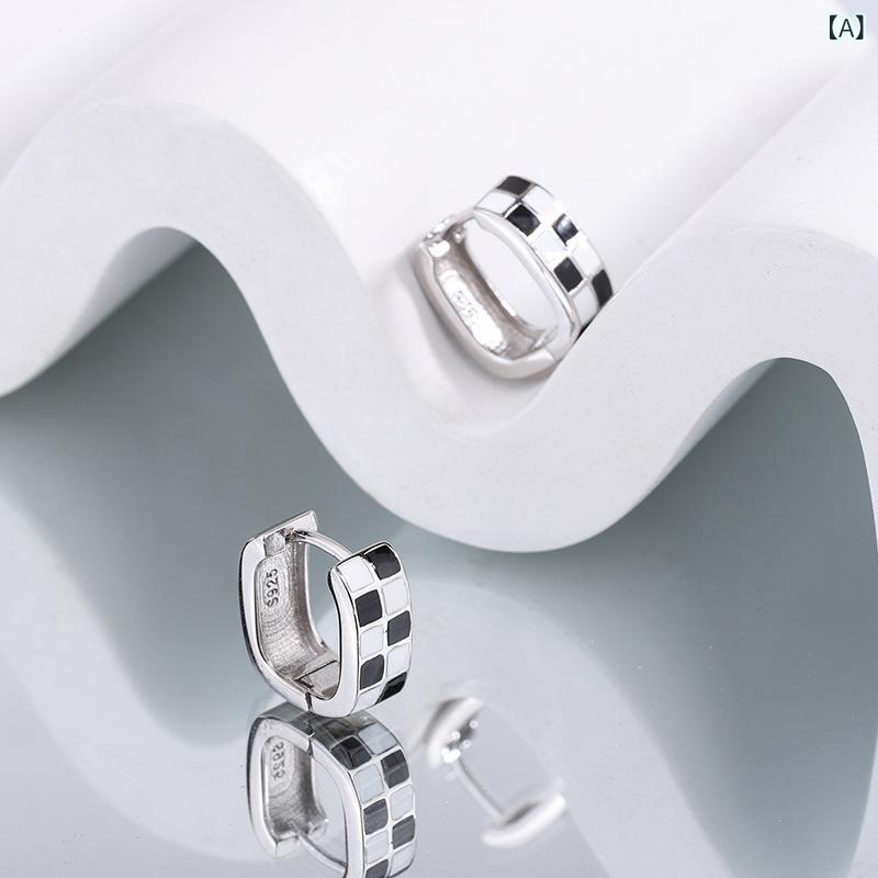 イヤリング レディース 純銀 開口型 銀針 アレルギー対応 高級感 黒白 樹脂 チェスボード柄 イヤーカフ 韓風 トレンド 軽量 女性用 耳飾り