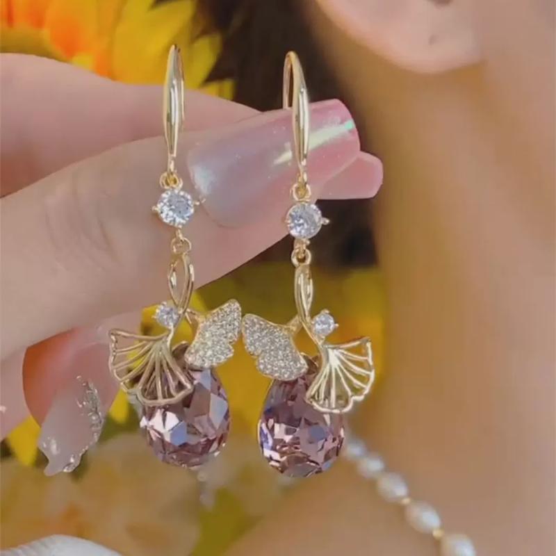 イヤリング レディース 水滴型 銀杏葉 耳フック 植物モチーフ 花デザイン レトロ ピンク系 紫色 耳飾り..