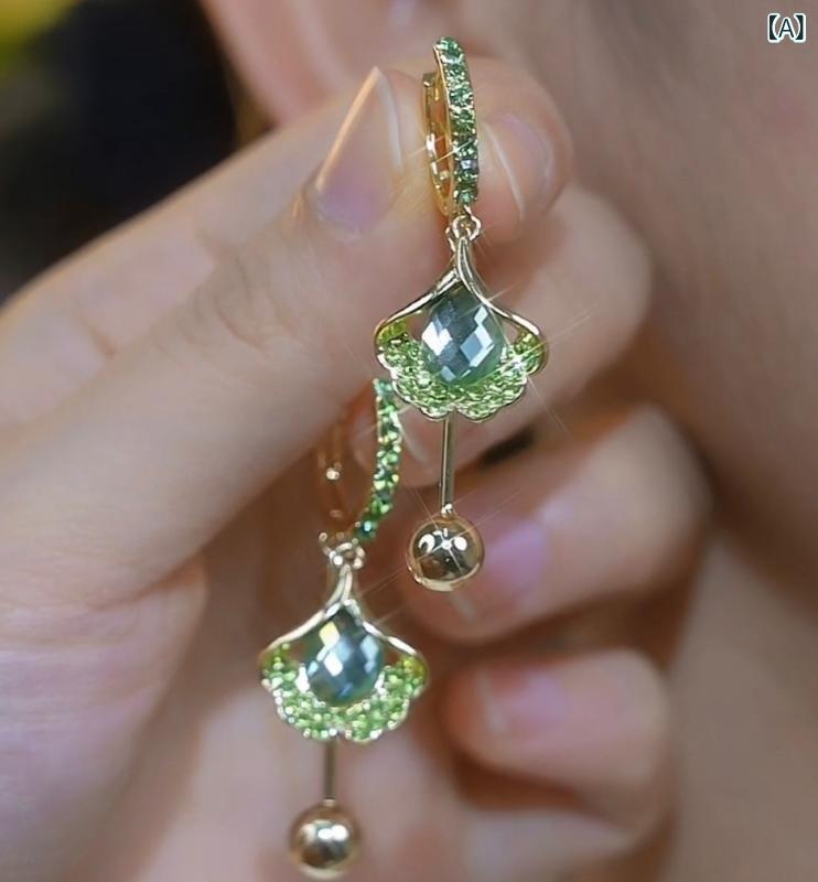 イヤリング 緑猫眼石 銀杏葉 流蘇 ジルコニア 耳飾り ピアス アクセサリー
