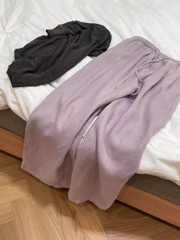 レディース パンツ リネン ストレート ロング丈 ゆったり カジュアル 美脚 スタイルアップ 楽ちん 涼しい 通気性 夏 ライトパープル パープル