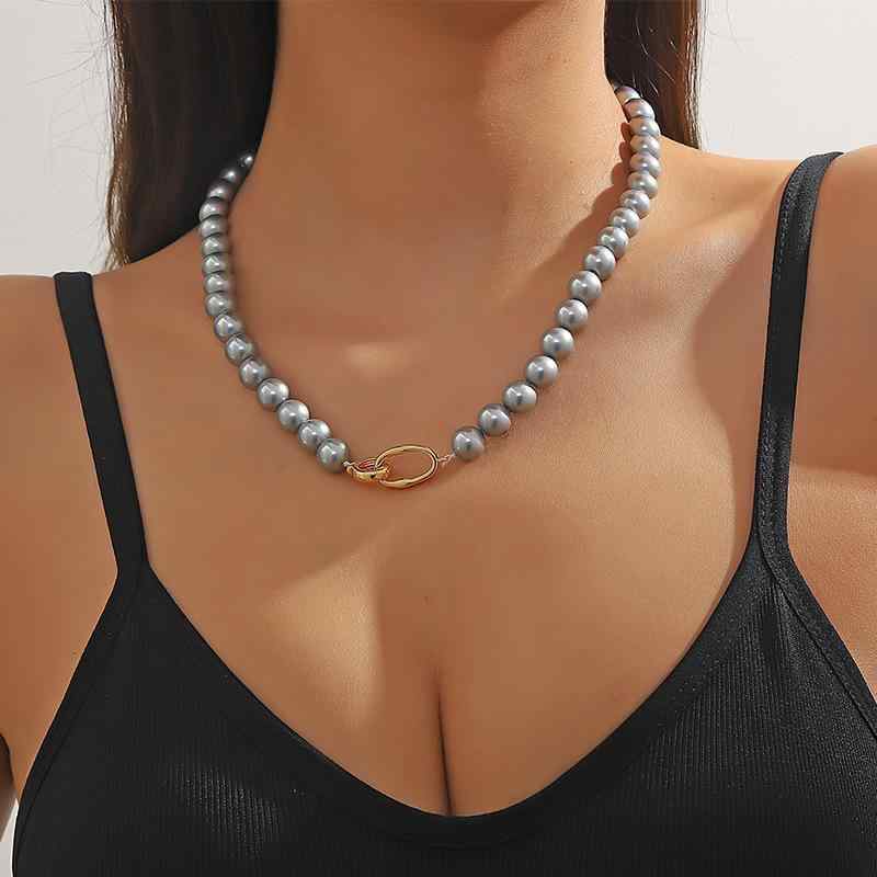 ネックレス レディース 春夏 パール 鎖骨チェーン グレー 貝殻パール セーター用チェーン(4.0)