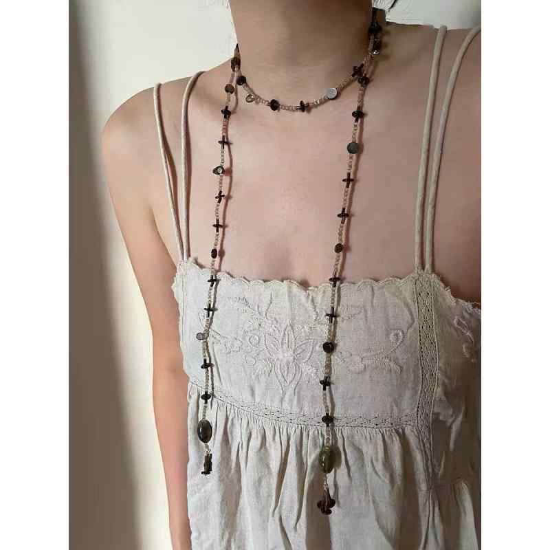 ネックレス オリーブグリーン レトロ セラミック 波状デザイン チャイナ風 首飾り アクセサリー