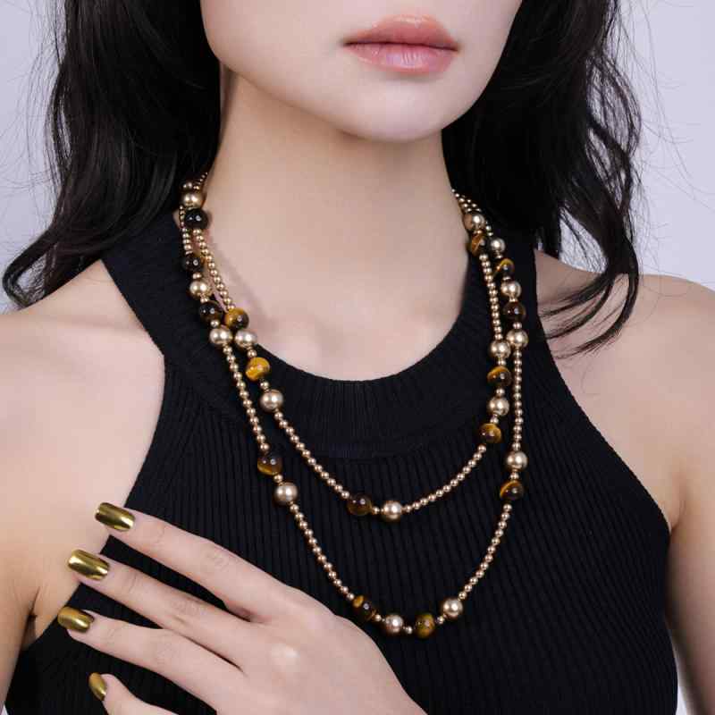 Cubic Zirconia - ネックレス ロング レイヤード 925シルバー 虎眼石 水晶 パール 韓国風 高級感 女性用 アクセサリー