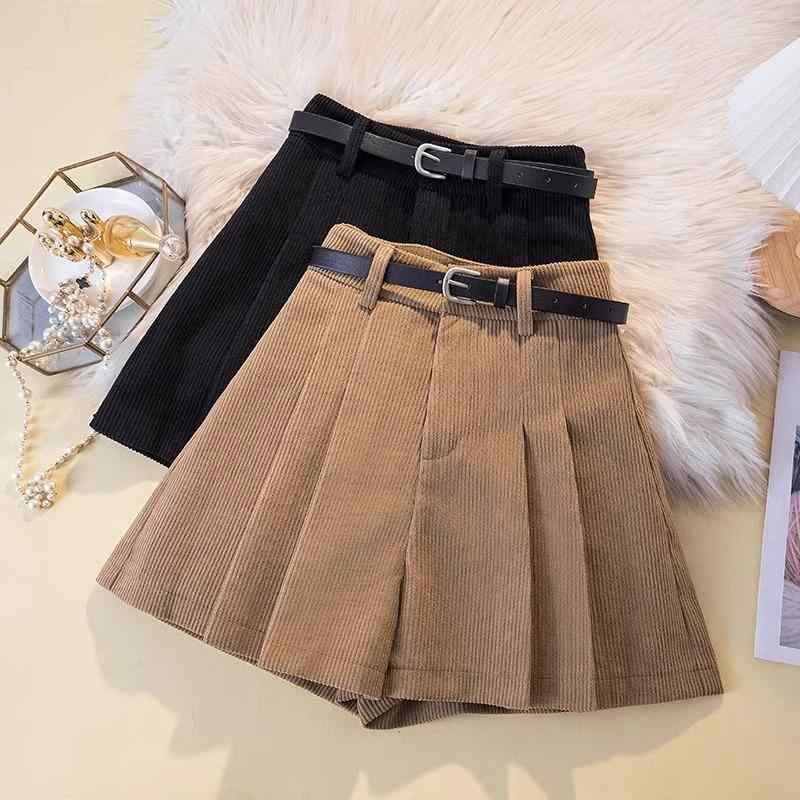 スカートパンツ レディース 秋冬 プリーツ ハイウエスト Aライン 小柄向け ビッグサイズ コーデュロイ カーキ ピンク