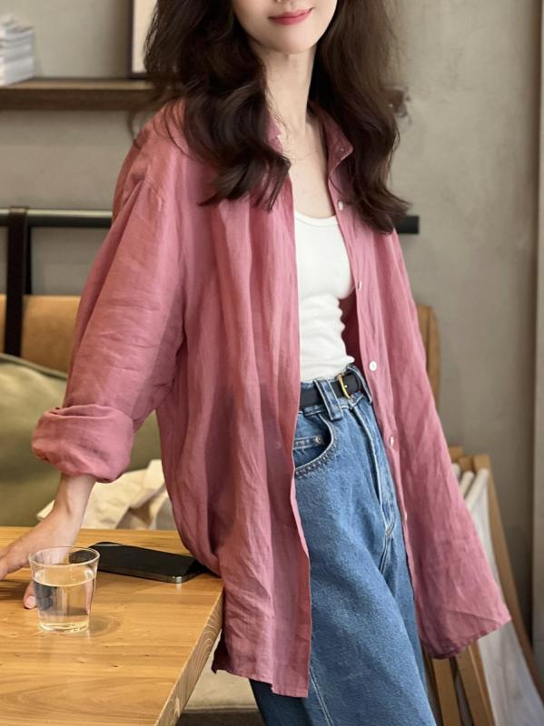 Shirts - レディース シャツ ブラウス コットンリネン 麻混 ゆったり 薄手 UVカット フレンチスタイル リラックス きれいめ 大人可愛い カジュアル ナチュラル ブルー 春夏