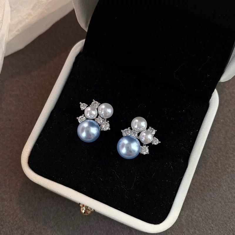 Akoya Pearl - イヤリング ピアス 耳飾り ピンク ジルコニア 海ブルー 真珠 銀 スタッド 普段使い ファッション 軽量