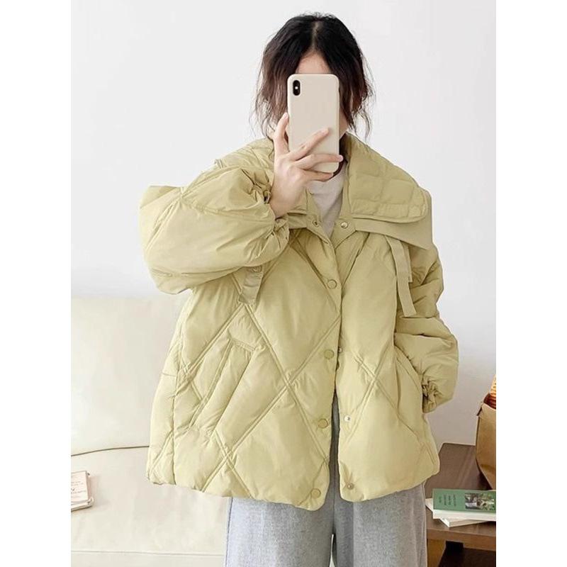 レディース コットンダウンジャケット ピンク 秋冬 切り替え 二重 ドールカラー 暖か 厚手 菱形格子 軽量 吸湿速乾(4.0)