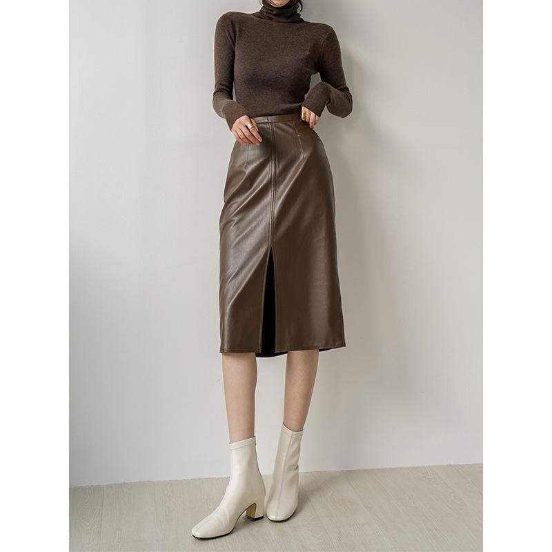 スカート レディース 秋冬 中長丈 レザー 韓国風 レトロ ハイウエスト スリム 開き Aライン 包臀 気質 復古風 ミッドレングス ハーフスカート 女性用 膝丈 フェイクレザー 上品 スリムライン ヒップハング 韓国スタイル