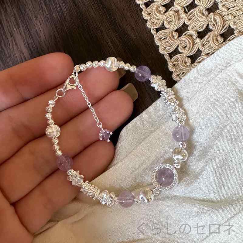 ブレスレット 男女兼用 純銀 925シルバー アメジスト キャッツアイ 巻きつけ 細工...