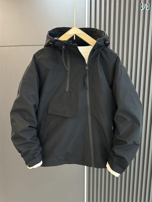 ジャケット メンズ 秋冬 フード付き アウトドア ワーク カジュアル ルーズ ダブルジッパー 薄手 綿 ブラック アイボリー ピンク