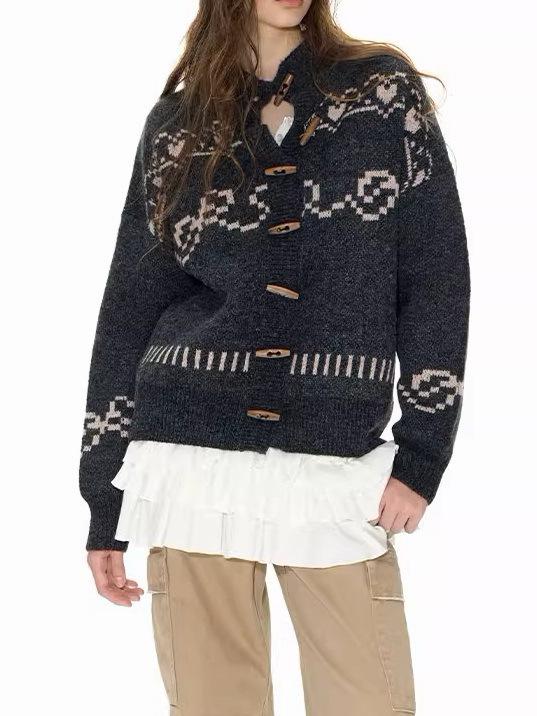 Shirts - レディース ニット カーディガン 長袖 トップス コート フェアアイル柄 ジャガード トグルボタン 総柄 前開き 羽織り 高見え 上品 大人可愛い 綿 ウール 防寒 秋冬