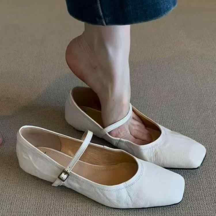 メアリージェーンシューズ レディース 革 スクエアトゥ フラットシューズ ローカット 一文字ストラップ..