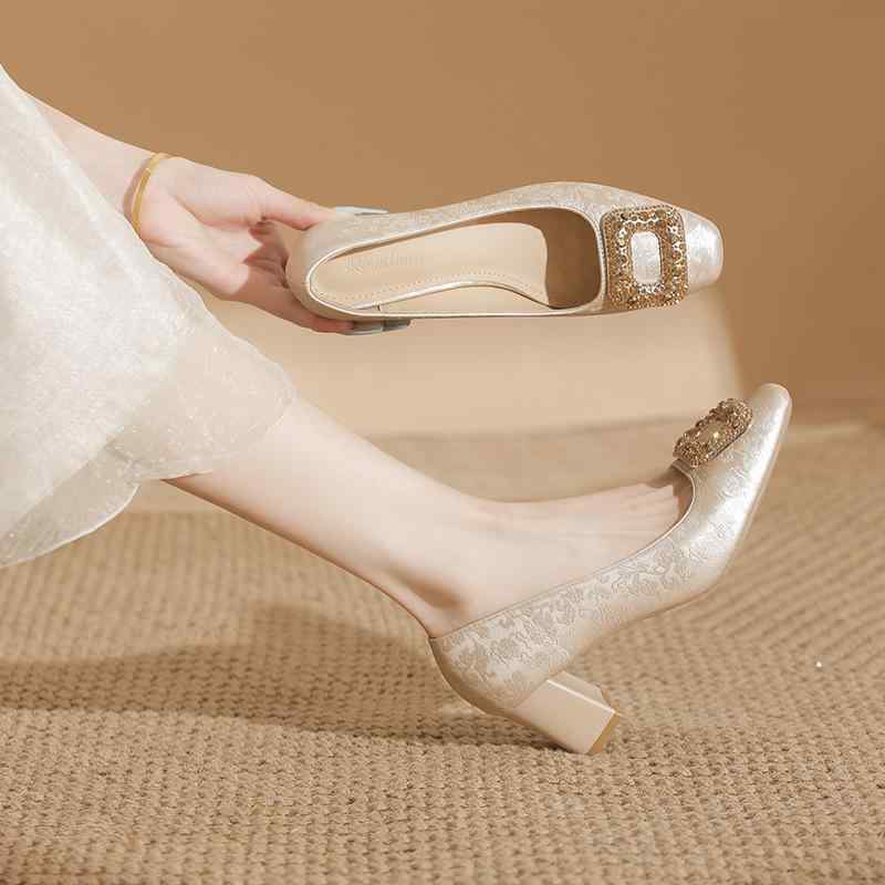 ハイヒール レディース パンプス 太ヒール スクエアバックル ラインストーン レトロ中国風 フレンチス..