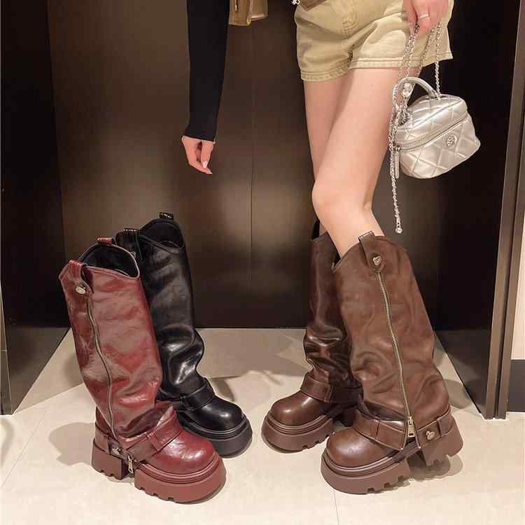 ロングブーツ レディース 厚底 ミドルカット ピンク 秋冬 骑士風 小柄対応 軽量 伸縮性