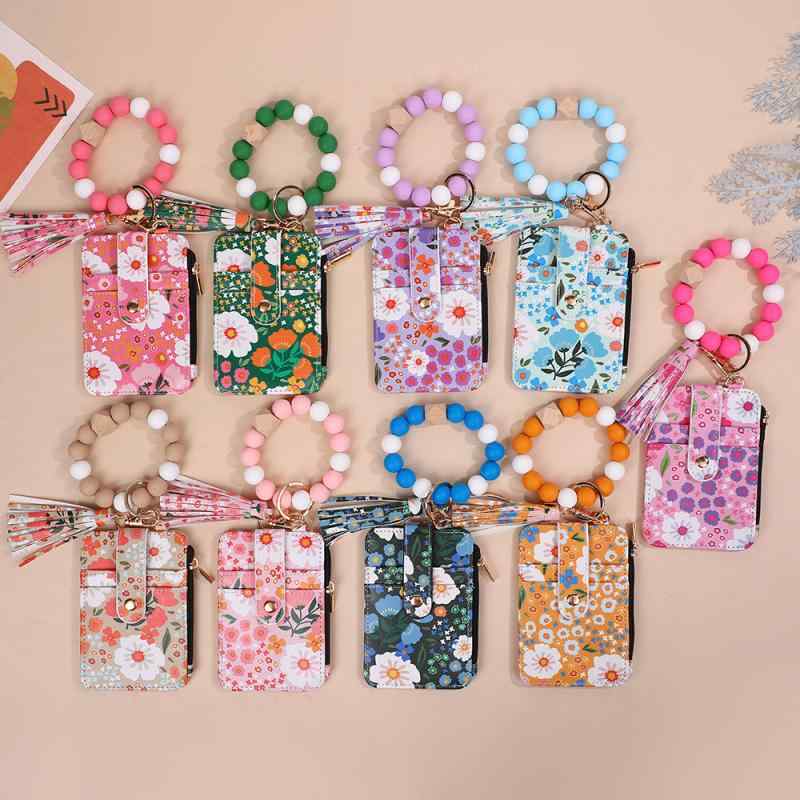 ブレスレット カードケース 小銭入れ キーホルダー シリコン 革製 小花柄 ジッパー プリント レザー 普段使い 軽量