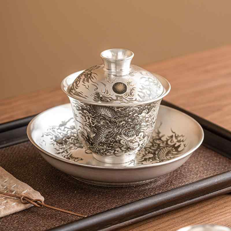 茶道具 蓋碗 龍 龍戯珠 999純銀 磁器 銀メッキ 三才蓋碗 中国茶器 泡茶碗 茶杯 単...
